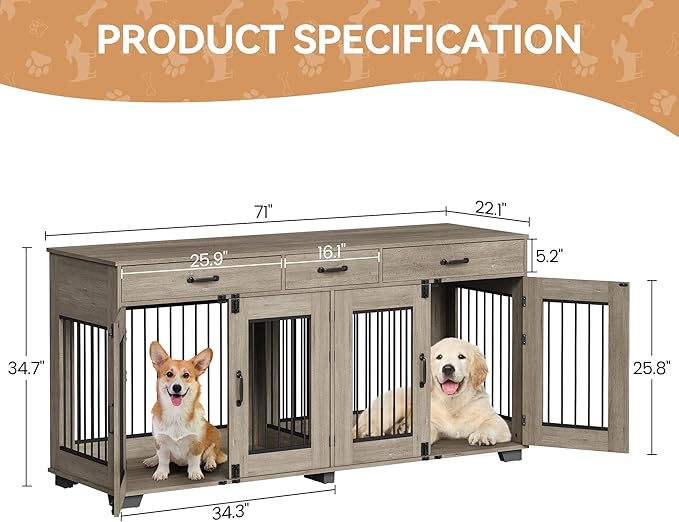 71'' Dog Crate Furniture, XXL Indoor Dog Kennel TV Stand End Table with Double Doors, 3 Drawers and Removable Room Divider, Wooden Double Dog Crate for 2 Dogs for Large Medium Dogs, Grey