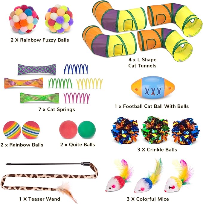 Retro Shaw Cat Toys with Cat Tunnels, Interactive Kitten Toys for Indoor Cats Kitty, Cat Tube Tent Feather Wand Teaser Bell Fuzzy Ball Springs Mouse (25 Pcs Extra Large Cats Tunnel Set)