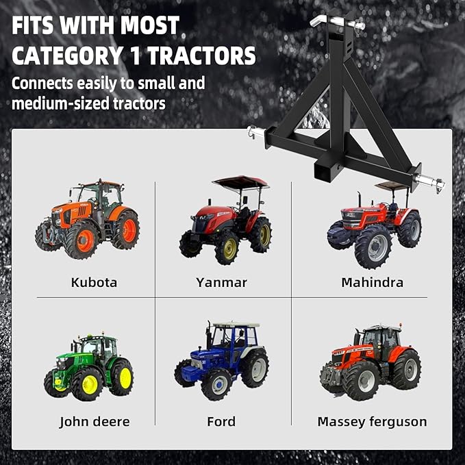3 Point Hitch Receiver, 3 Point 2" Trailer Hitch Receiver with Pins, Drawbar Adapter Category 1 Tractor Tow Compatible for Kubota, Cat, John Deere, BX, LM25H, WLM Tractor, NorTrac, Yanmar, Kioti, Farm