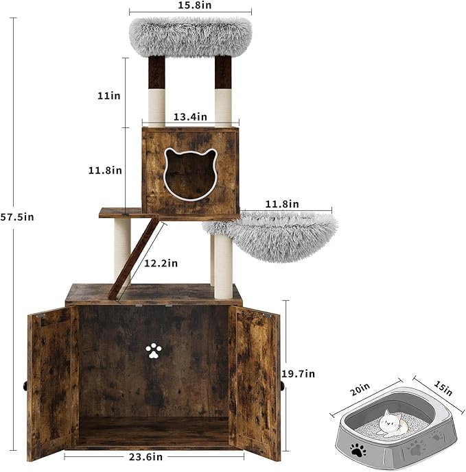 Litter Box Enclosure with Cat Tree Tower and Condo, Hidden Cat Washroom Furniture with Sisal Scratching Post & Soft Plush Perch, Wooden Cat Furniture with Multiple Platforms