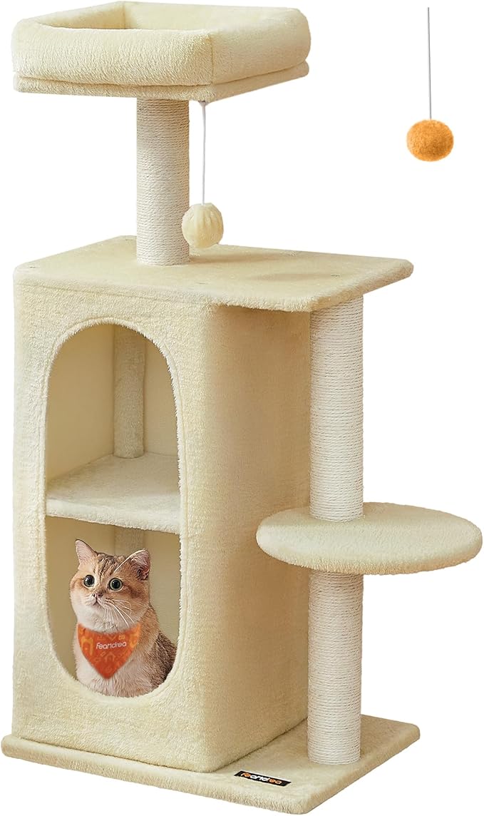 Feandrea Cat Tree, Small Cat Tower for Indoor Cats, Plush Cat Caves with Perch, Scratching Posts, for Small Spaces, Kittens, Sand Beige UPCT005Y01