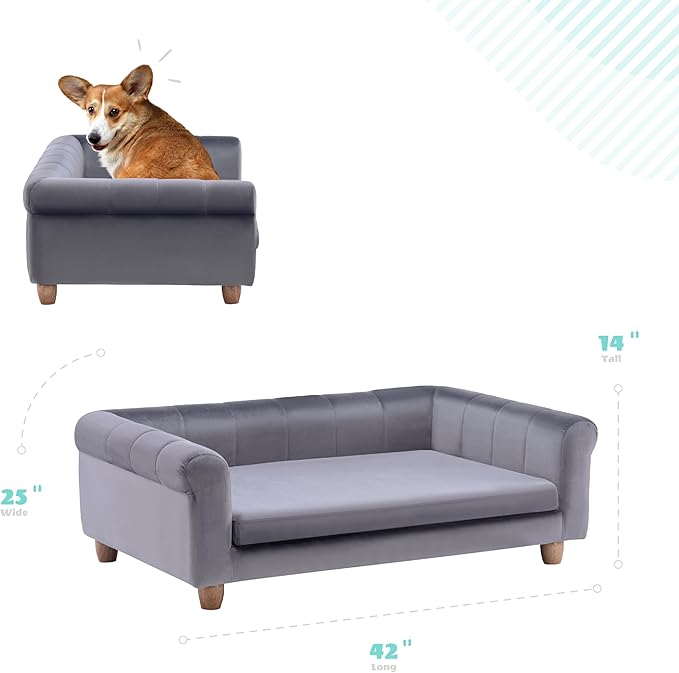Critter Sitters 42-In. Elegant Gray Faux-Velvet Rectangular Large Dog Bed for Medium and Large Dogs, Durable Elevated Dog Beds, Comfortable Dog Couch, Modern and Stylish Plush Sofa for Dogs