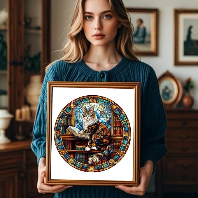 Wooden Puzzles Adults, Maine Cat Library Wooden Puzzles 100 Pieces, Unique Animal Shaped Wood Challenging Jigsaw Puzzles Gifts for Adults, 8.5x8.5in