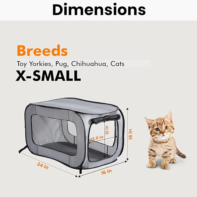 Beatrice Home Fashions Portable, Collapsible, Pop Up Kennel Travel Cat and Dog Crate, 24" L x 16.6" W x 16" H, Gray