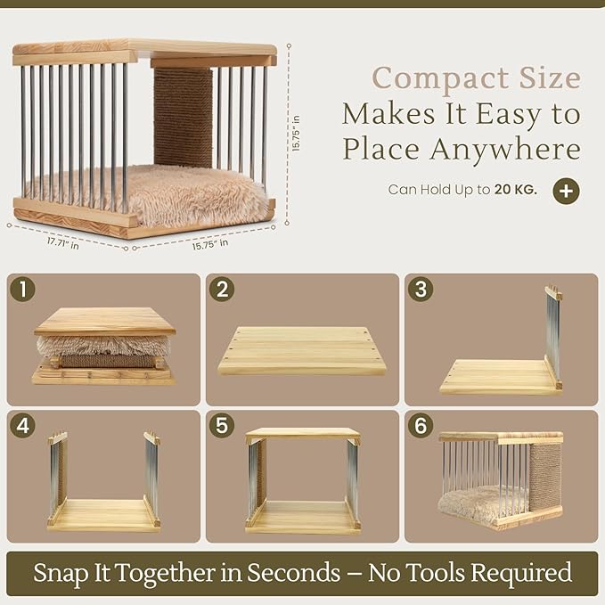 Wooden Cat House for Indoor Cats – Cat Furniture - Cat Bed with Area Scratching Pad - Cat Houses & Condos – Bedside End Table & Coffee Table for Living Room, Bedroom Decoration