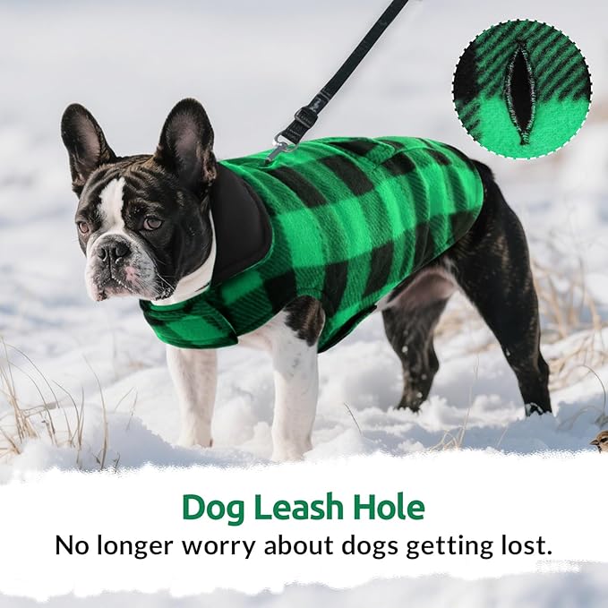 ASENKU Dog Winter Coat, Fleece Doggie Jacket Plaid Reversible Vest Waterproof Windproof Cold Weather Clothes for Small Medium Large Dogs (M, Green)