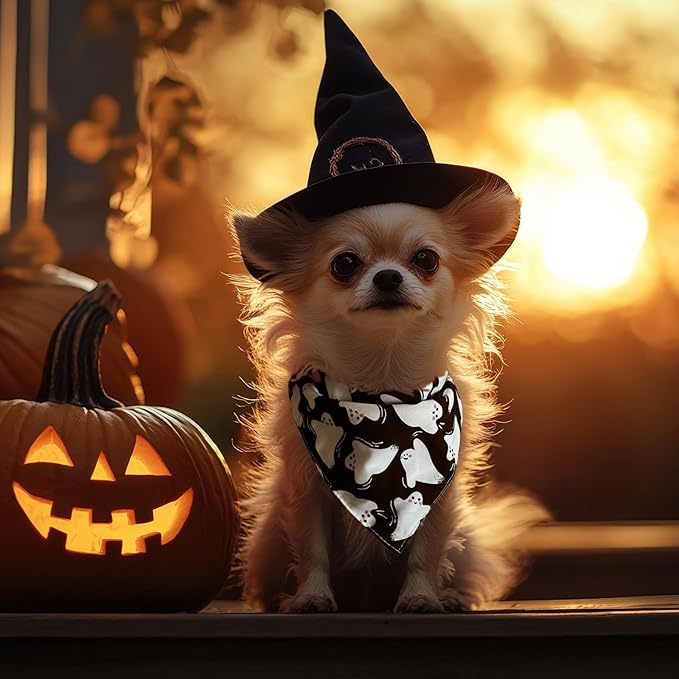 Halloween Dog Bandanas Black Ghost Spooky Boo Costumes, Cute Holiday Triangle Pet Scarf with Snap Button for Boys, 30-75lbs, Medium and Large Breed