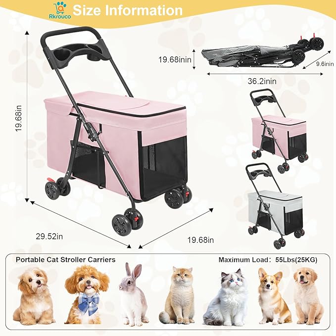 Foldable Pet Stroller for Small Medium Cat Dogs Portable Pets Carriers Strollers with 4 Wheels Up to 55Lbs Puppy Strolling Cart Travel (Pink)