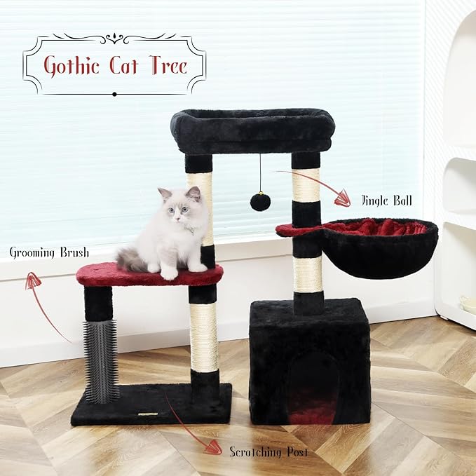 Hoopet 32-Inch Gothic Cat Tree for Indoor Cats – Black & Red Small Cat Tower with Sisal Scratching Posts, Cozy Condo, Plush Perch & Dangling Ball – Ideal for Kittens & Small Cats