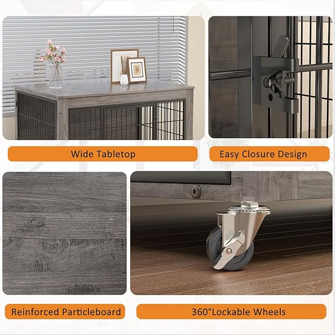 Dog Crate Furniture with Cushion,38" Wooden Dog Crate nightstand with Double Doors, Grey Kennel Indoor with Wheels, Decorative Pet House for Medium Large Dog