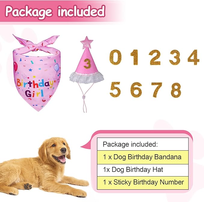 Dog Birthday Bandana Set, Dog Birthday Party Supplies, Puppy Boy Girl Birthday Party Hat with Numbers for X-Small, Small and Meidum Puppy (Pink)