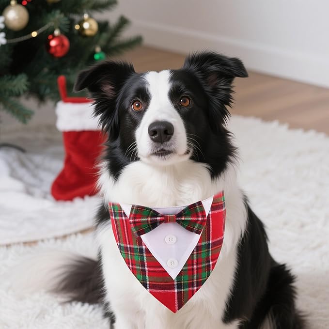 ADOGGYGO Christmas Dog Tuxedo Bandana, Red Green Plaid Pet Xmas Collar with Bow, Adjustable Christmas Costume for Medium Dogs (M)
