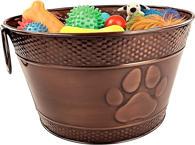 Metal Indestructible Dog Toy Bin - Storage Bin with Handles, Farmhouse Organizer Storage Basket for Pet Toys, Blankets, Leashes - Home Decor (Lead-Free Copper)