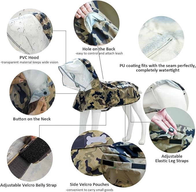Waterproof Dog Raincoat, Adjustable Reflective Lightweight Pet Rain Clothes with Poncho Hood(XX-Large,Camo)