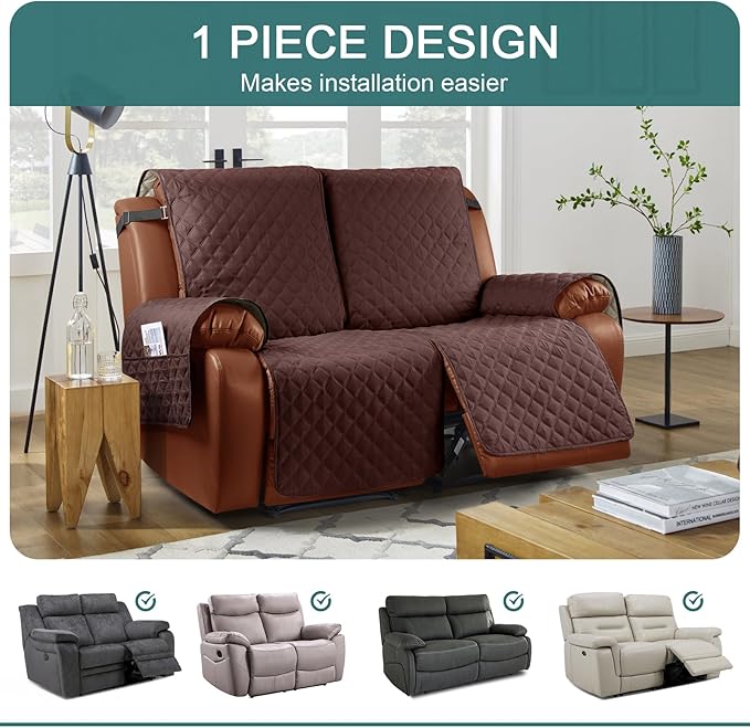 Ruaozz Waterproof Recliner Sofa Cover 1-Piece Couch Covers for Reclining Couches Reclining Sofa Cover Washable Furniture Protector with Elastic Straps Pocket for Kids, Pets (Coffee, 2 Seater)