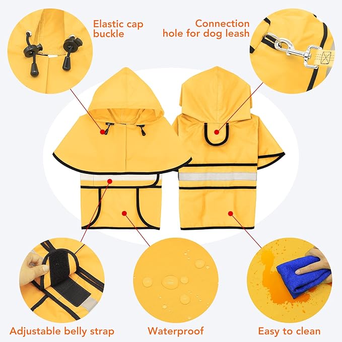 Raincoat for Dogs - Waterproof Reflective Rain Coat Slicker Poncho, Lightweight Safety Dog Raincoat Jacket for Small, Medium, Large Dogs (X-Large, Yellow)