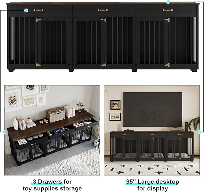Dog Crate Furniture - Indoor Wooden Dog Kennel Crate Furniture with 2 Dividers, 3 Drawers, and 3 Lockable Doors - 95"x23.6"x31.5"H, Black