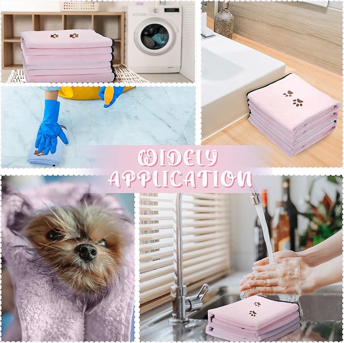 Tegeme 4 Pack Dog Towels for Drying Microfiber Soft Absorbent Pet Bath Towel Dog Drying Grooming Cloth with Embroidered Paw for Pet Cat Bathing Grooming(35 x 20 Inch,Pink)
