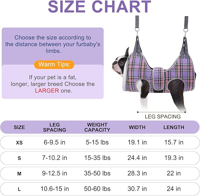 BEAUTYZOO Dog Grooming Hammock for Medium Dogs Cat- Dog Sling for Nail Trimming/Clipping- Dogs Hanging Harness Holder with Thick Fabric Neck Support & Strap Restraint Claw Care, Purple M