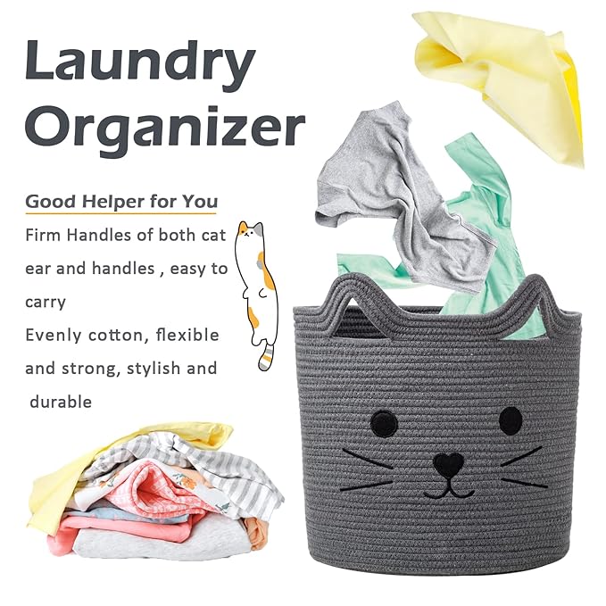 VK VK·LIVING Large Basket for Organizing Cute Animal Storage Baskets Cat Toy Storage Woven Cotton Rope Hamper Organizer for Laundry, Towels, Blanket, Toys, Clothes, Gifts, Pet Bed 15''x14''
