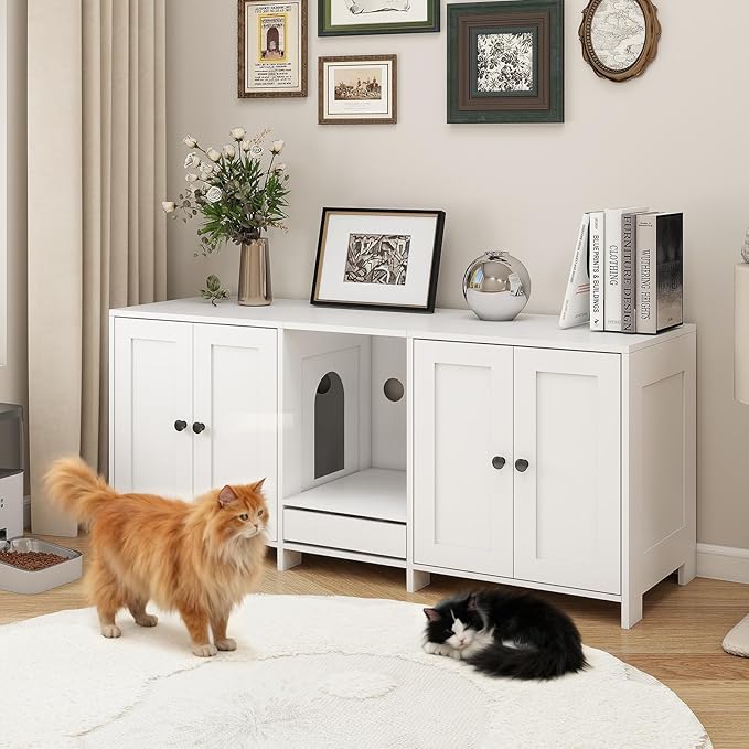 Double Litter Box Enclosure, Hidden Litter Boxes Furniture for 2 Cats, Large Litter Box Cabinet with Cat Feed Station, Cat House, TV Stand, Side Table