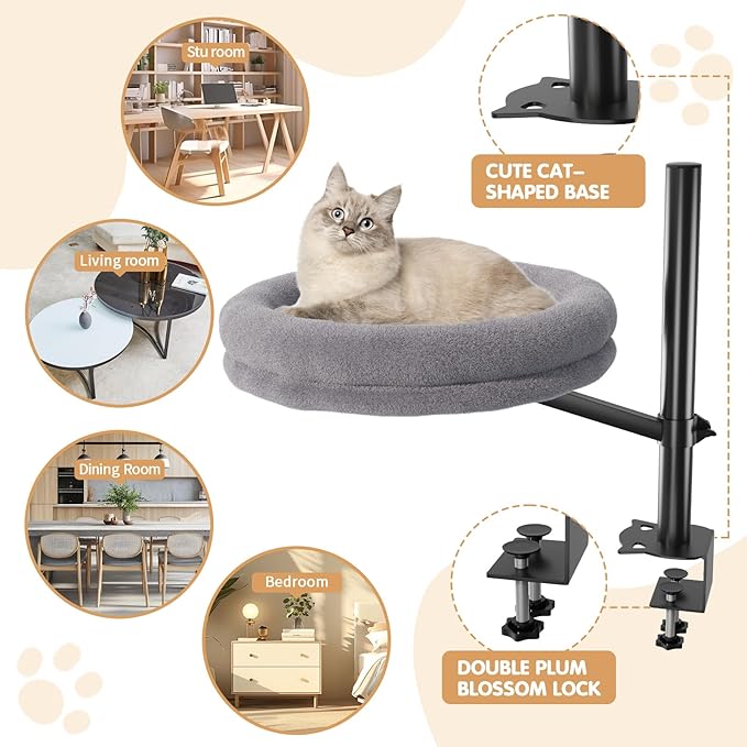 Cat Desk Bed Desktop Large Nest-Sturdy Dual Clamps Supports Up to 50 lbs,360° Adjustable Desktop Cat Perch with Soft Faux Fur Cover,Elevating Hammock for Home Office