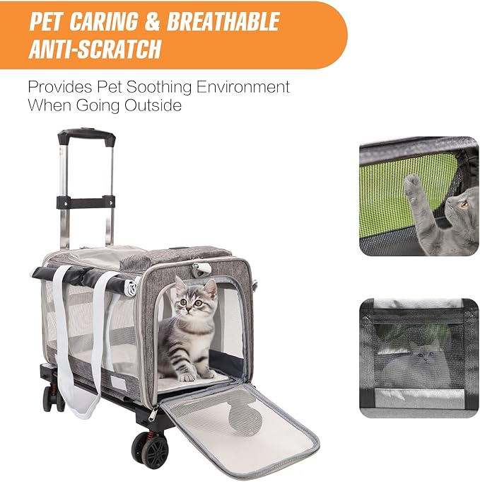 Pet Carrier with Wheels - Soft-Side Wheeled Cat Carrier for Dogs with Telescopic Handle, Collapsible Rolling Pet Travel Bag Carrier for Large Cats Small Medium Dogs for Camping Vet Visiting Grey