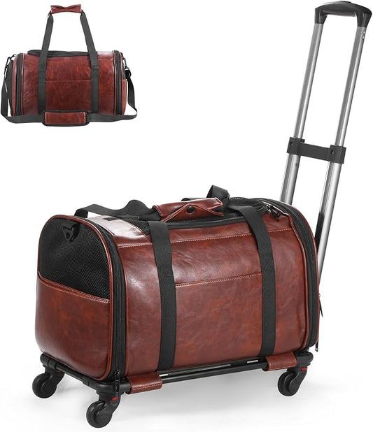 Leather Pet Carrier with Wheels, Airline Approved Travel Bag for Small Dogs & Cats Under 15 lbs, Rolling Pet Carrier for Airplane, Camping & Outdoor Coffee