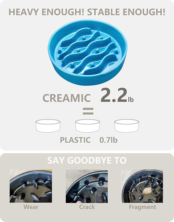 Ceramic Slow Feeder Dog Bowls Elevated, 2.0 Cups Dog Slow Feeder for Medium and Large Dogs, 30oz, 8in, Baby Blue