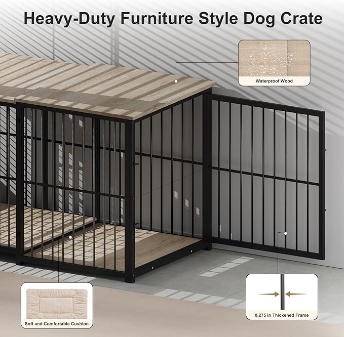 Large Dog Crate Furniture for Large Dogs, Retractable Dog Kennel Furniture, Wooden Dog Kennel Indoor, Heavy-Duty Dog Cage Furniture with 3 Levels of Adjustable Size,45.6" L, XL, Light Brown