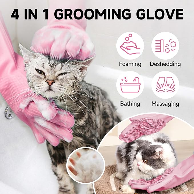 Dog Washing Gloves - Quick Drying Dog Towel,Cat Bath Grooming Gloves Brush with High-Density Teeth for Bathing Massaging，Absorbent Pet Bath Towel 30.3"x13.8" with Hand Pocket for Dog Cat Pink