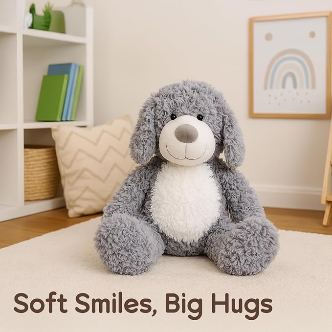 Smiling Gray Puppy Dog Stuffed Animal Plush Toys– Soft Shaggy Plush with Floppy Ears & White Belly, Cuddly Toy for Kids Boys Girls Birthday Nursery Bedtime Easter Gifts, 17.7 inches
