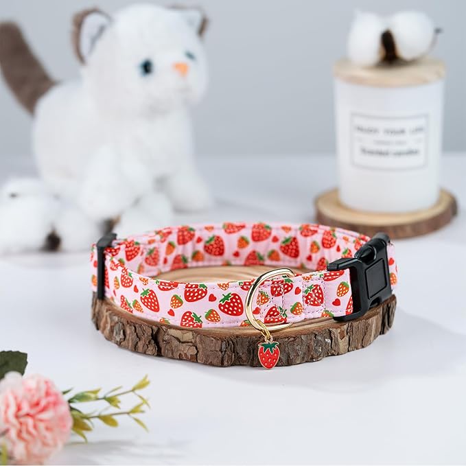 Cute Cotton Dog Collar for Small Medium Large Dogs Special Design Cute Pink Strawberry with Pendant for Girl Female Dogs Soft Adjustable Strawberry Puppy Collars for Girl Female Dogs Pet Collar