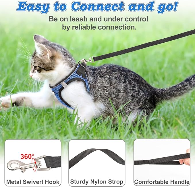 Cat Harness and Leash for Walking Escape Proof, Adjustable Kitten Vest Harness Reflective Soft Mesh Puppy Harness for Outdoor, Comfort Fit, Easy to Control (Blue, M)