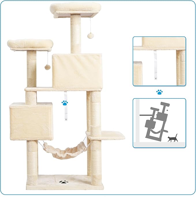 Hey-brother Large Multi-Level Cat Tree Condo Furniture with Sisal-Covered Scratching Posts, 2 Bigger Plush Condos, Perch Hammock for Kittens, Cats and Pets Beige MPJ020M