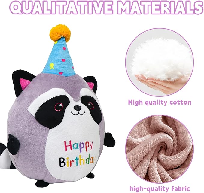 Raccoon Plush Toy 10 Inch Cute Birthday Stuffed Animal Soft Raccoon Plushies Pillow Wear Unicorn Birthday Hat Kawaii Cartoon Doll Gifts for Kid Toddlers Home Room Decoration