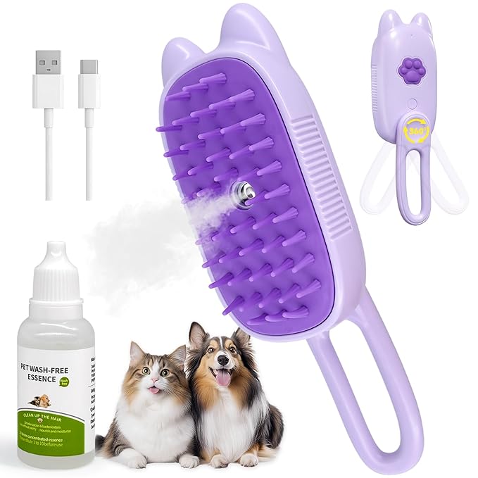 Cat Steam Brush for Shedding, Spritz Defur Comb 3 in 1 Pet Rechargeable Steam Brush Tool for Long and Short Haired Cats and Dogs, Anti-Static, Shedding, Detangling, Massage & Combing (Purple)