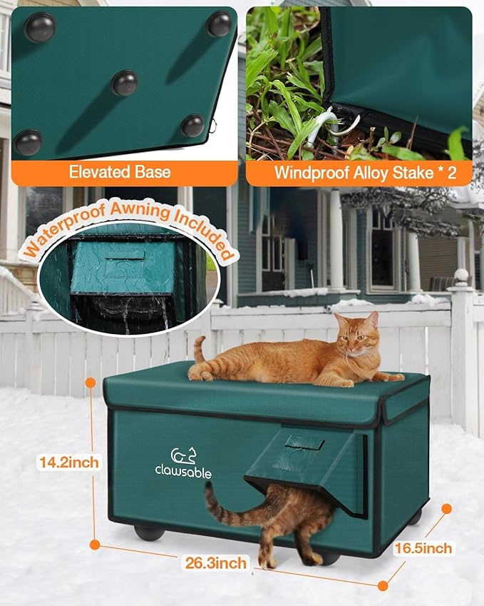 Indestructible Heated Cat House for Outside Cats Winter, 100% Weatherproof, Safe Escape Door, Insulated Outdoor Cat Shelter with Heater for Feral Barn Cat Kitty (Forest Green, 26"x17"x14")