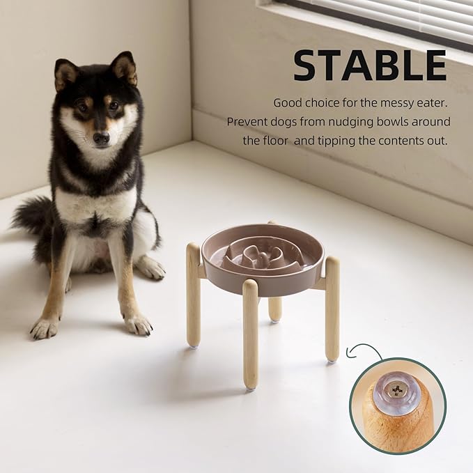 Ceramic 1.6 Cup Raised Slow Feeder Dog Bowl Set, Elevated Wooden Stand for Medium and Large Dog, 8.2inch Puzzle Slow Dish, Anti-Gulping(Brown Coffee, Single Bowl+ Stand)