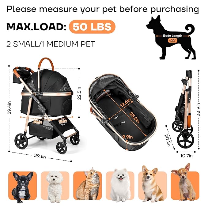 Dog Cat Stroller for Small/Medium Pets up to 50 lbs, 3-in-1 Foldable Pet Stroller with Detachable Carrier, Car Seat, Storage Basket, Cup Holder, Hanging Bag, Rain Cover, All-Terrain 4 Wheels (Black)