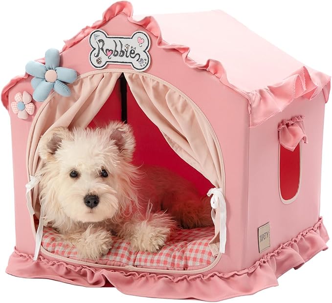 Jiupety Indoor Dog House with Frame, Cute Dog Tent Bed with Cover Cave, Breathable, Washable, and Foldable House, Suitable for 10-20 Lb Puppy and Cats, Medium (17"×17"×17"), Pink