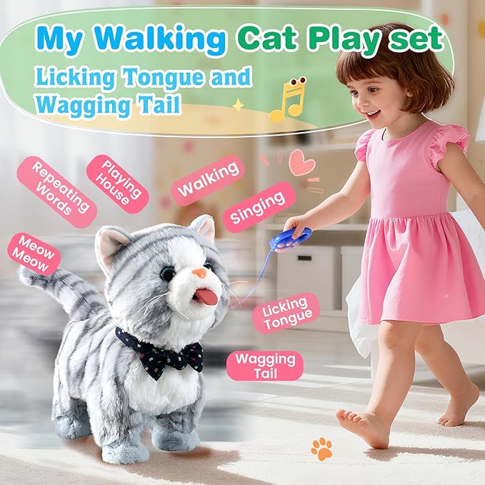 Gray Leash Walking Cat Set Toy Interactive Talking Cat Singing Dancing Kitten Mimicking Repeat What You Say Kitty Touch and Voice Control Nodding Wagging Tail Plush Electric Robot for Kid Girl