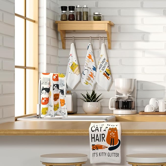 TecUnite 6 Pcs Cat Kitchen Towels Set Funny Cat Tea Towels Cute Dish Towels Decorative Cat Hand Towel Cat Lover Gifts for Cleaning Drying Wiping Tasks Cat Owners Women Mom Housewarming Gifts Decor