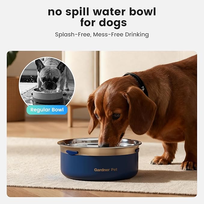Gardner Pet Slow Water Bowl for Dogs, 2L/68oz Spill-Proof Pet Water Bowl with Floating Disk & Filter Screen, Stainless Steel No-Spill Water Dispenser for Small & Medium Pets