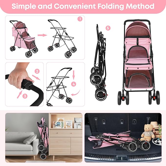 Double Pet Stroller for Dogs and Cats,Cat Strollers for 2 Cats,Double Dog Stroller for 2 Small Medium Dogs,4 Lockable Wheels/Lightweight/Folding,Pink