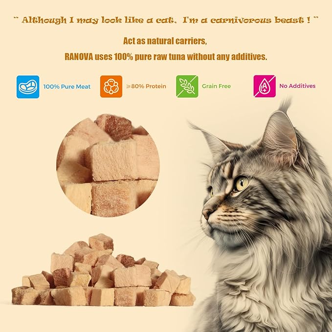 RA NOVA Freeze Dried Cat Treats - 100% Tuna Grain Free Raw - Natural Balance Limited Ingredient High Protein Cat Snacks 130g/4.59oz - Picky Eater Challenger