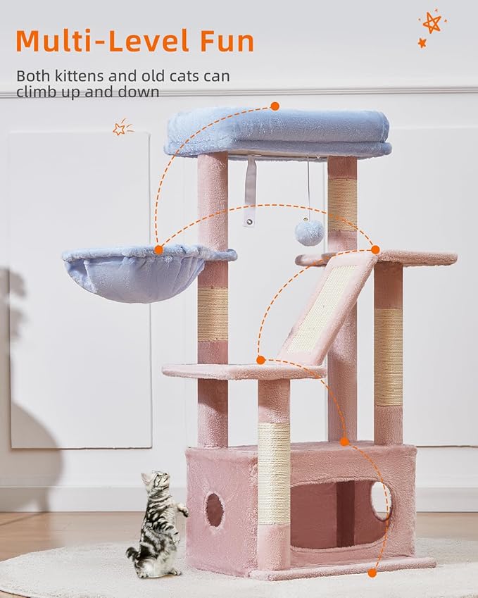 Taoqimiao Cat Tree,38.5-Inch Cat Tower for Indoor Cats,Suitable for Kittens with Luxurious cat condo with Adjustable Baskets and Luxurious Perch MS029SPB Pink and Blue