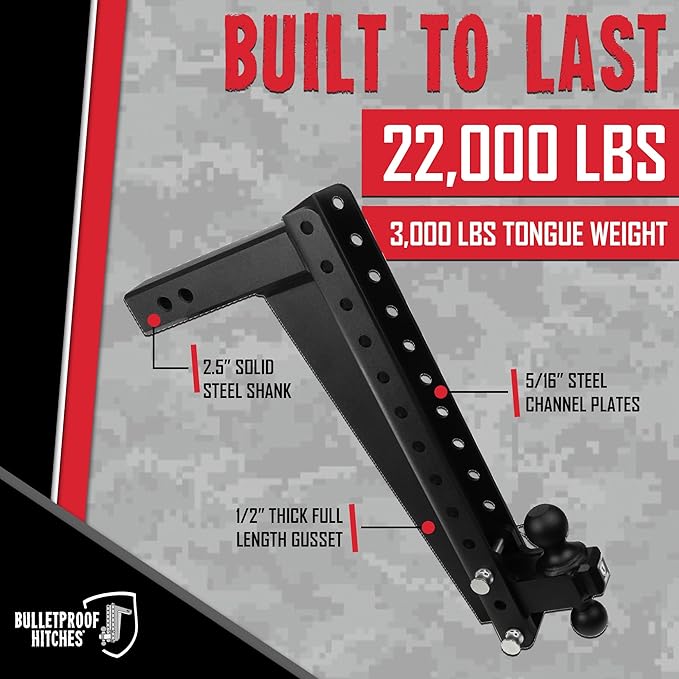 BulletProof Hitches - 2.5" Adjustable Heavy Duty Trailer Hitch (22,000 lb. Rating) - 20" Drop/Rise Trailer Hitch with 2" & 2-5/16" Dual Ball - Powder Coat, Solid Steel, Corrosion-Resistant