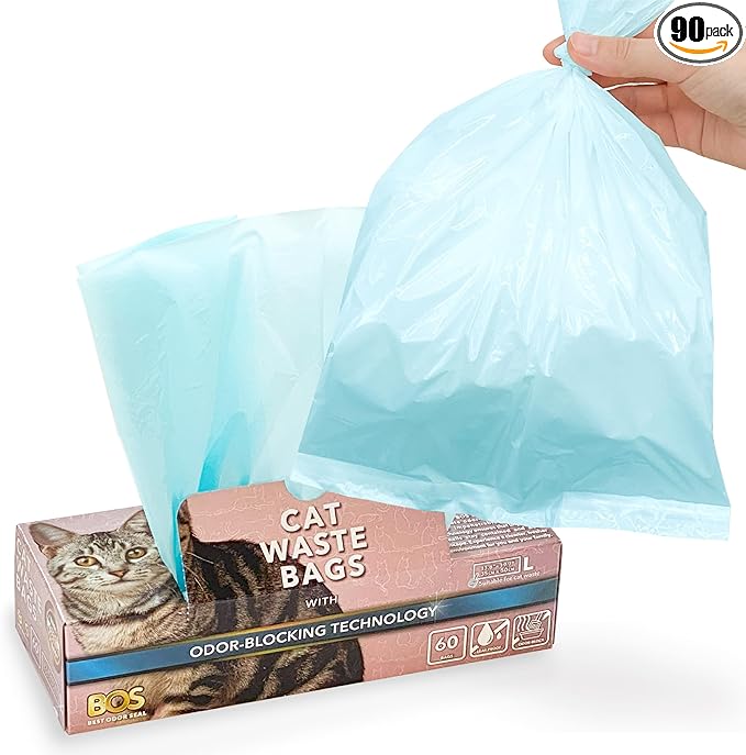 Best Odor-Sealing Cat Poop Bags, BOS for Pet Waste & Kitty Litter - Disposal Bags - Scent & Smell Free (60 bags) [Size: L, Color: Light blue] NOT a litter box liner (Pack of 1)