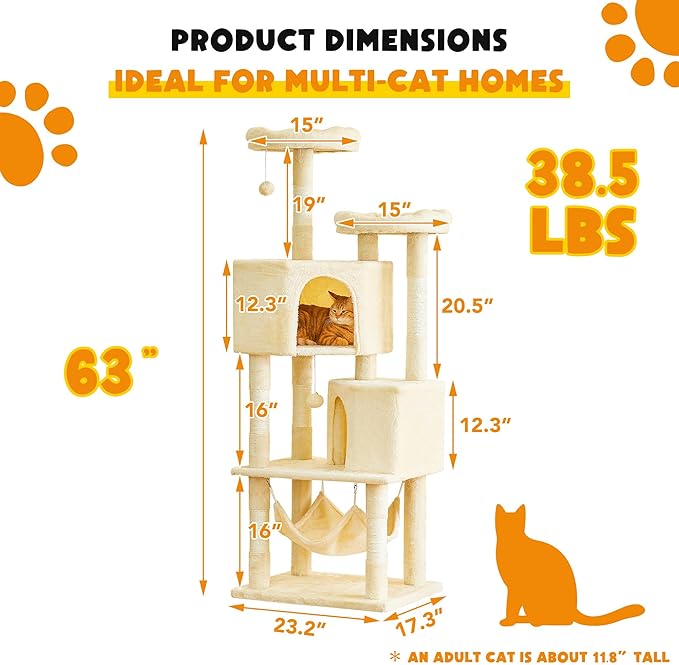 Cat Tree for Indoor Cats - 63in Multi-Level Large Cat Tower with 2 Big Cat Condos, 2 Padded Perches, Hammock, 6 Sisal-Covered Scratching Post and Toys for Kittens Pet Play House, Beige